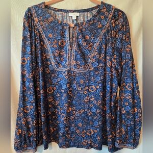 J. Jill Blue and Orange Long Sleeve Floral Boho Blouse Size Petite Large